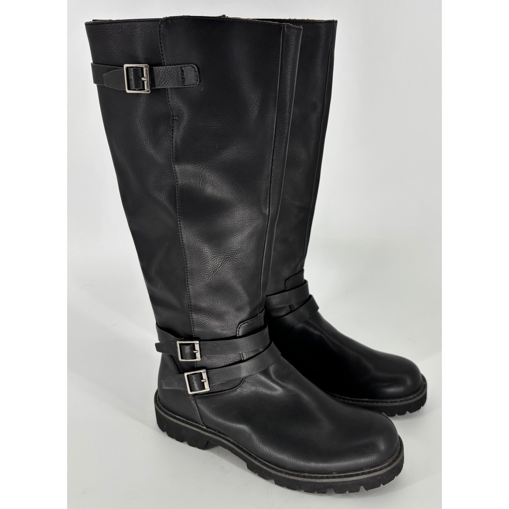 Korks Fay Tall Boots Black Women Size 7.5 Buckle Round Toe Side Zipper Lug Sole